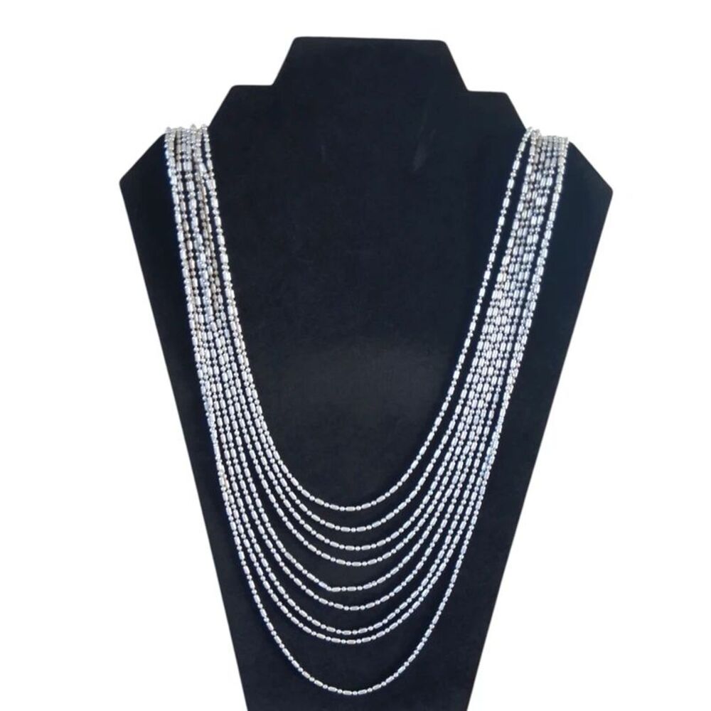 Silver Tone Metal Multi Strand Ball Bead Barrel Chain Layered Statement Necklace